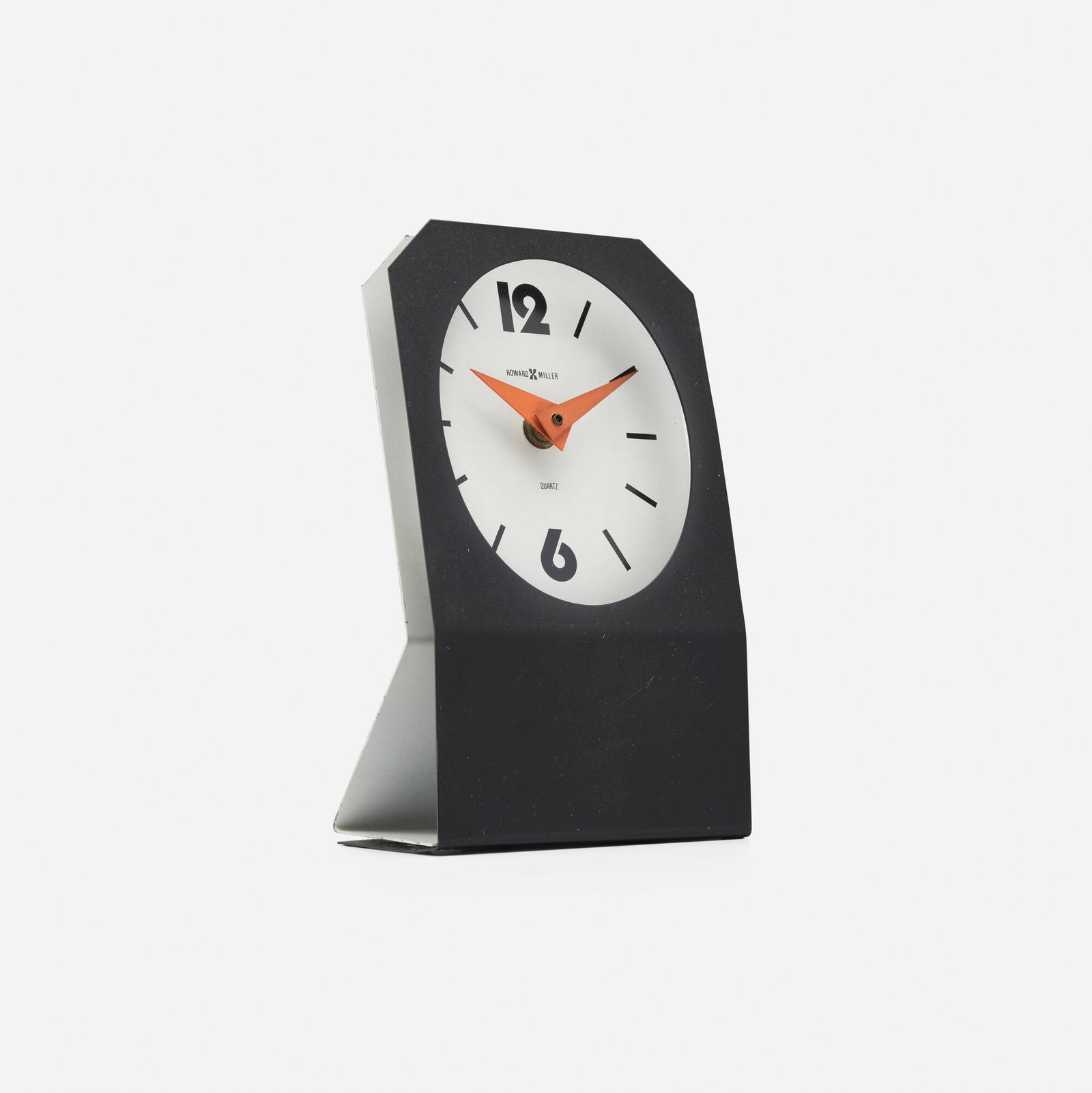 Tenon Design, Desk clock: Tenon Design Desk clock Howard Miller Clock Company USA, c. 1970 enamel steel and aluminum 7.625 h x 4.5 w x 2.25 d in (19 x 11 x 6 cm) Screenprinted manufacturer's mark to front 