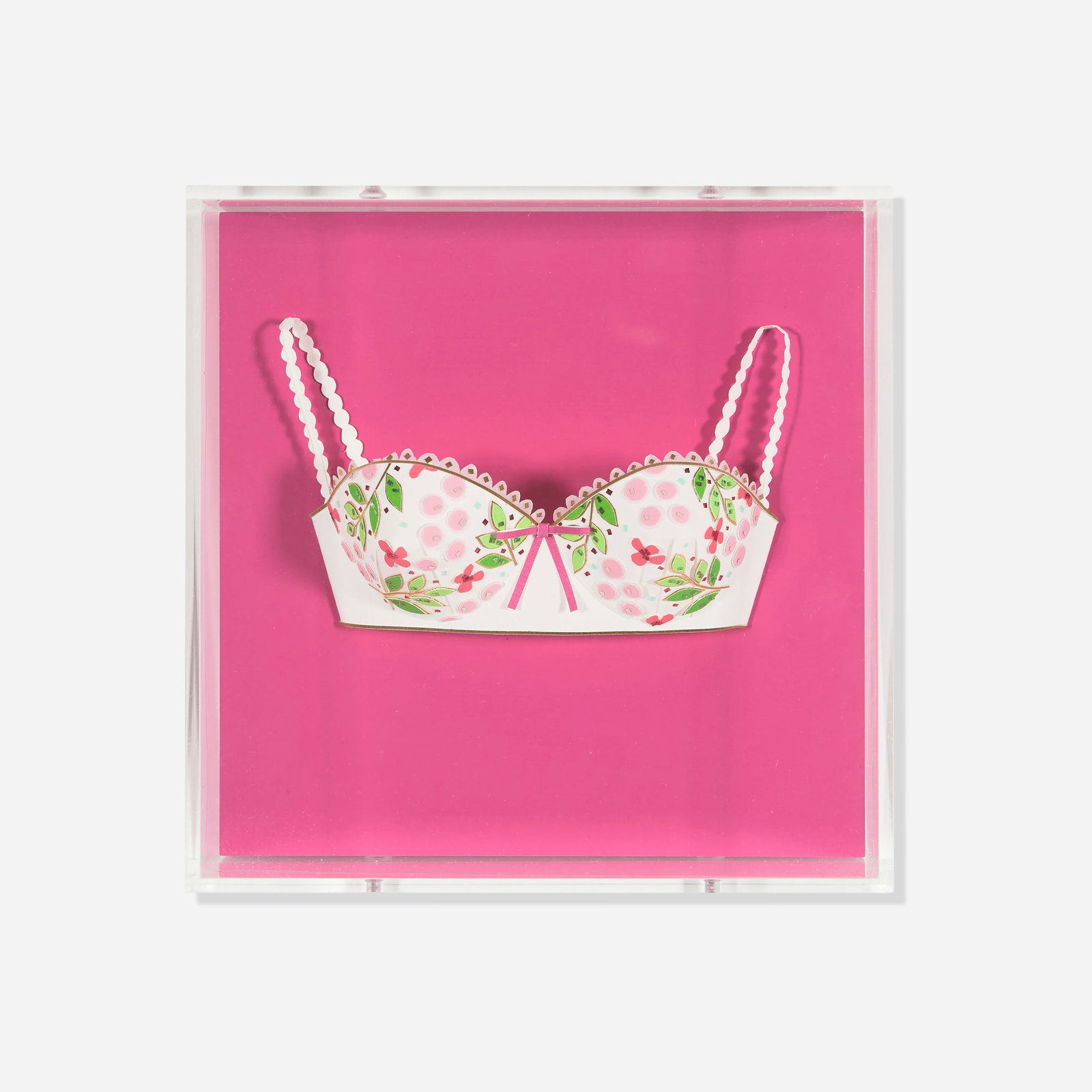 Makiko Azakami, Bra White on Pink: Makiko Azakami Bra White on Pink 2014 paper, foam core board, acrylic on wood panel 3 h x 6 w x 6 d in (8 x 15 x 15 cm) Signed to studio label to reverse 'Makiko Azakami'.