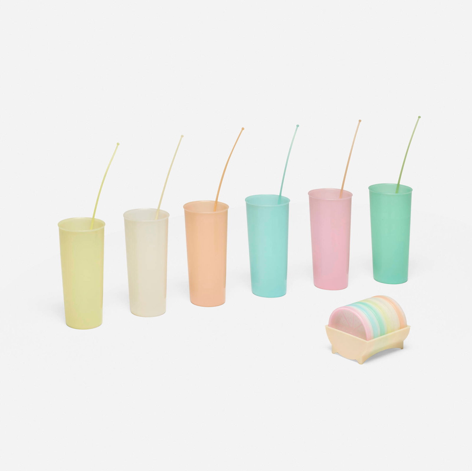 Tupperware, Collection of tablewares: Tupperware Collection of tablewares c. 1970 plastic cup: 6.625 h x 3 dia in (17 x 8 cm) lid holder: 3 h x 3.75 w x 3.25 d in (8 x 10 x 8 cm) stirrer: 0.875 w x 1 d x 12 l in (2 x 3 x 30 cm) <
