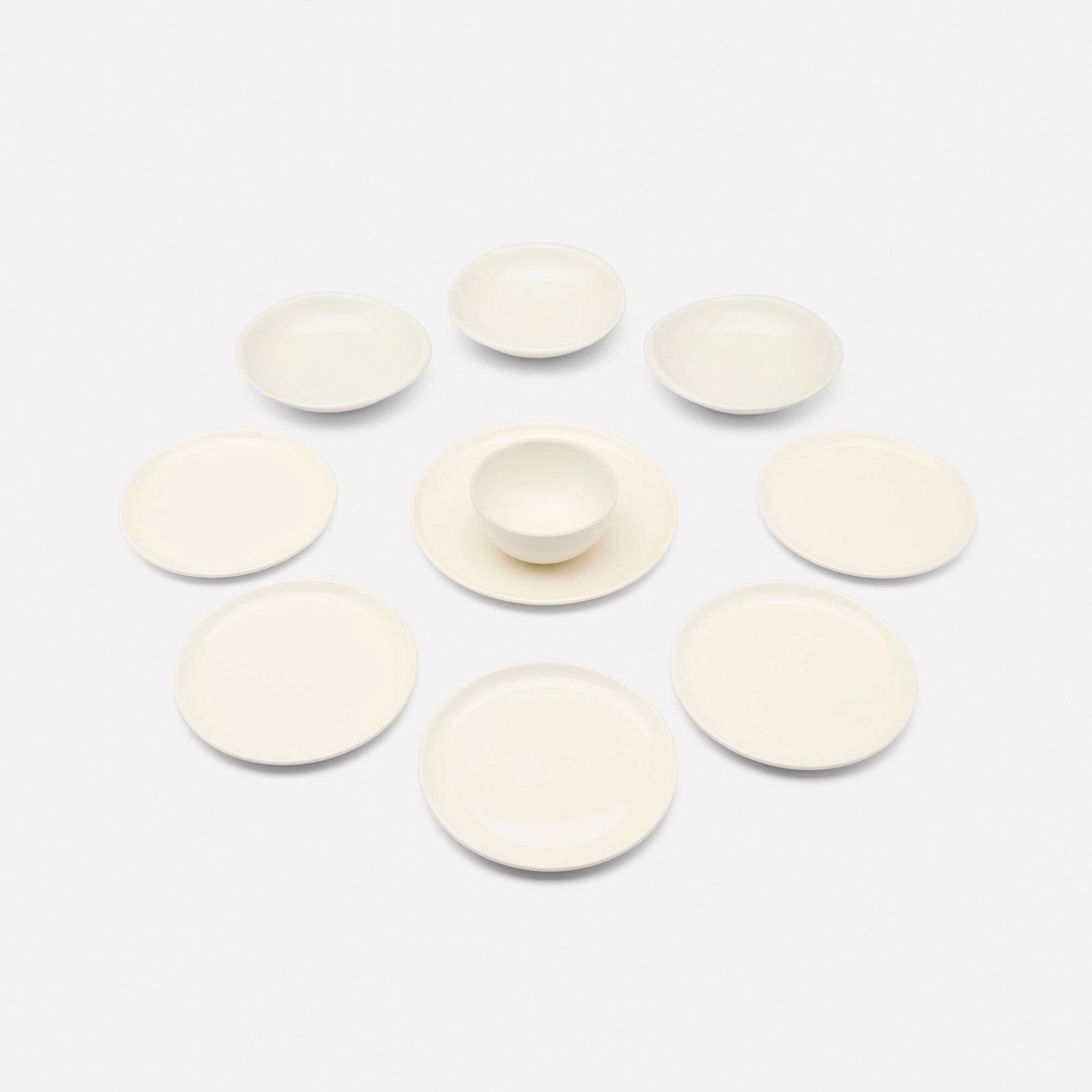 Russel Wright, Collection of tableware: Russel Wright Collection of tableware Stubenville Pottery / Iroquois China Company USA, 1939, 1946 glazed porcelain largest: 0.75 h x 10 dia in (2 x 25 cm) smallest: 2.75 h x 5.5 dia in (7 x 1