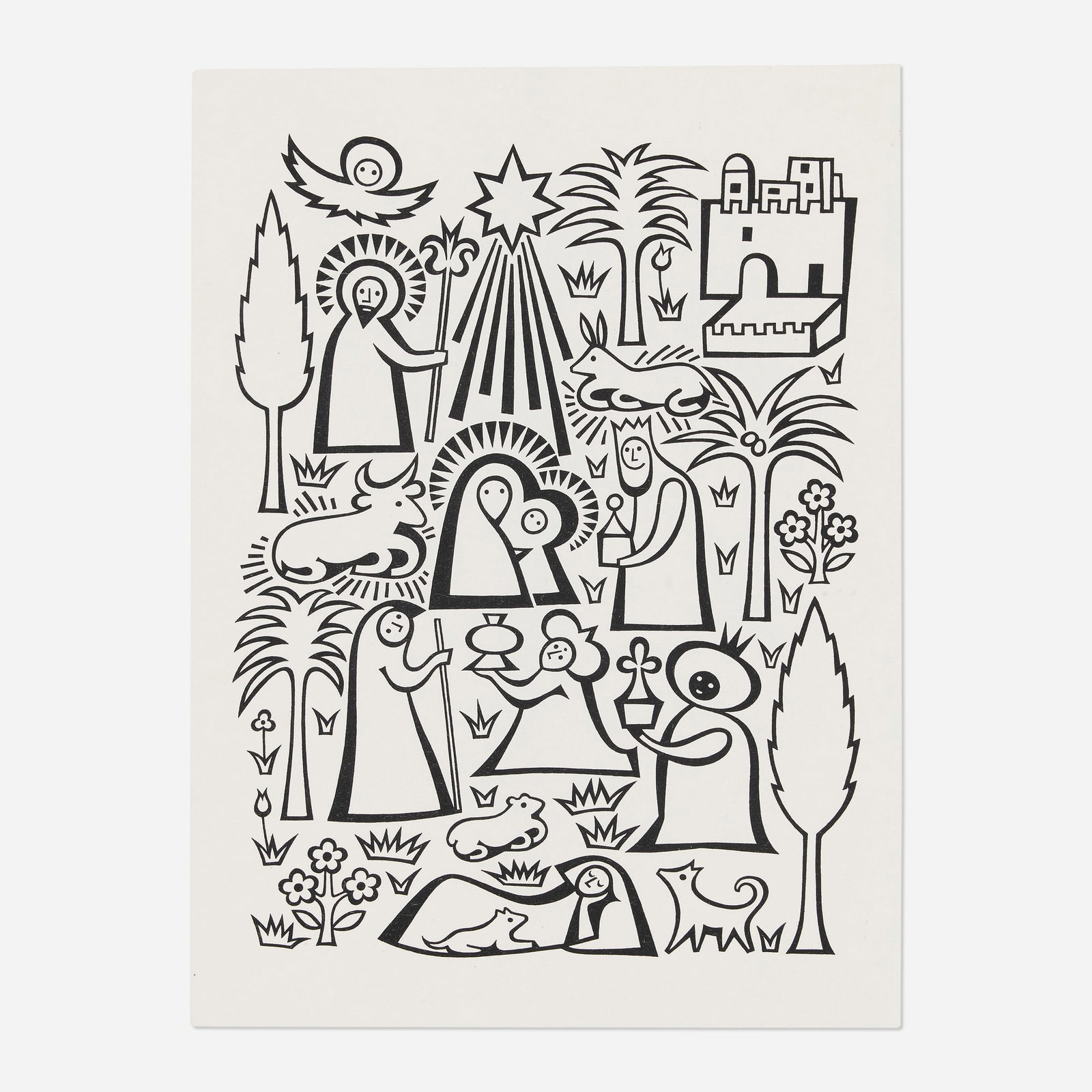 Alexander Girard, Nativity holiday card: Alexander Girard Nativity holiday card USA, c. 1965 screenprint sight: 11 h x 8 w in (28 x 20 cm) This work will ship from Chicago, Illinois.