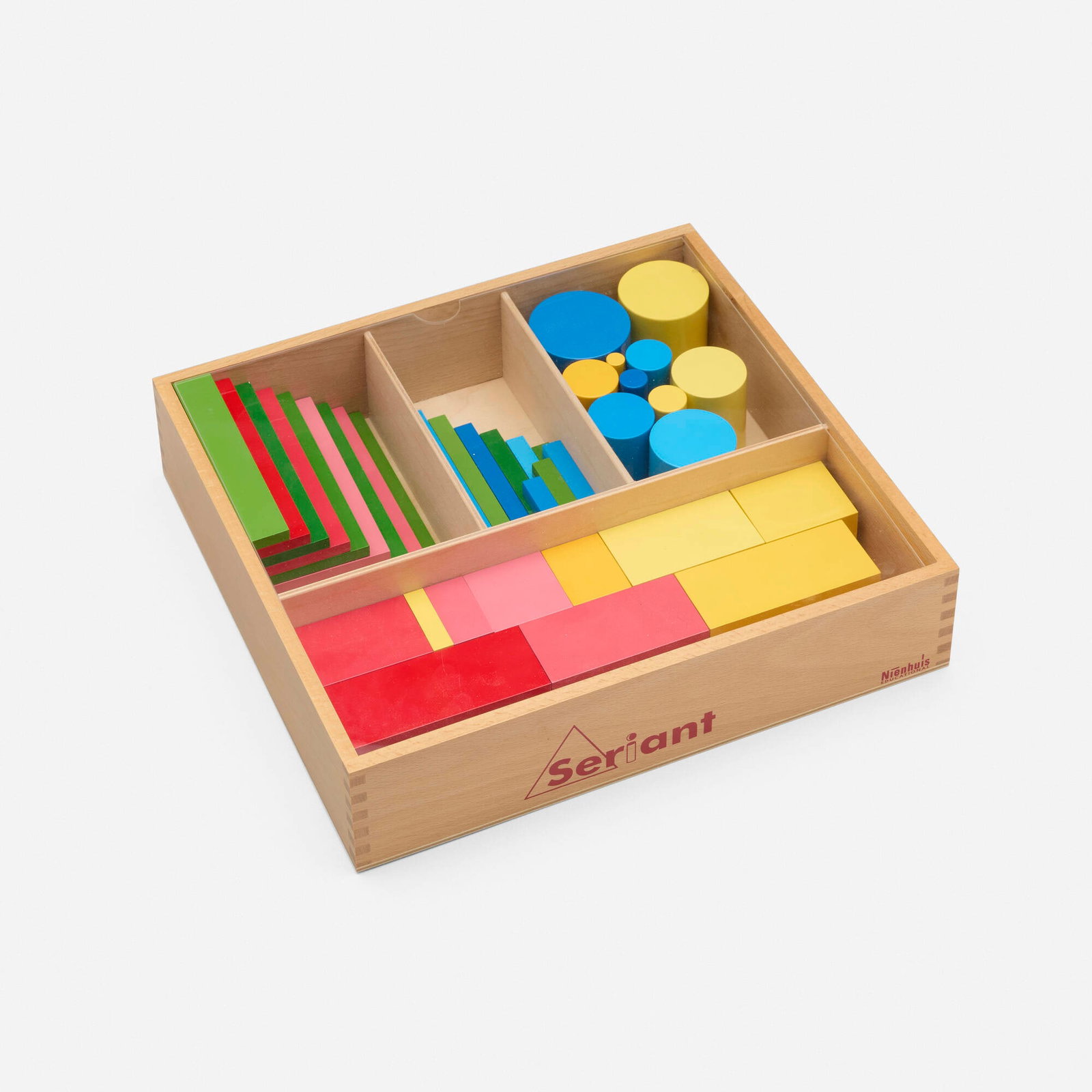 Nienhuis Montessori, Forty-piece seriant set: Nienhuis Montessori Forty-piece seriant set USA, c. 1980 Lacquered wood original box: 2.875 h x 11.875 w x 11 d in (7 x 30 x 28 cm) Set is comprised of blocks and cylinders for sensorial explor