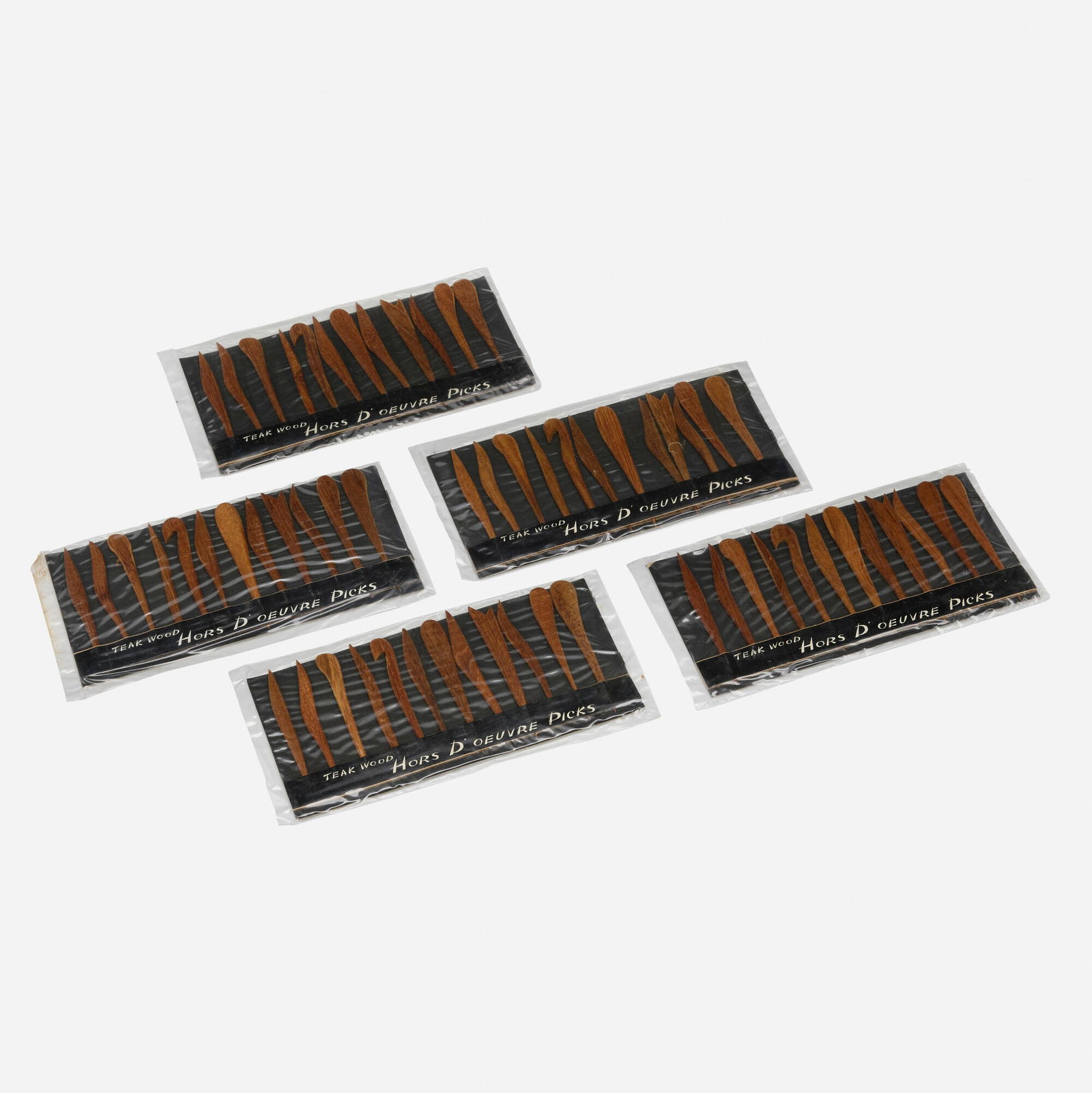 Modern, Hors d'oeuvres picks: Modern Hors d'oeuvres picks Japan, c. 1975 teak 3.5 h x 0.5 w x 0.25 d in (9 x 1 x 1 cm) Stamped marks to reverse of each 'Teak Japan'. Sold with original packaging. This work will ship