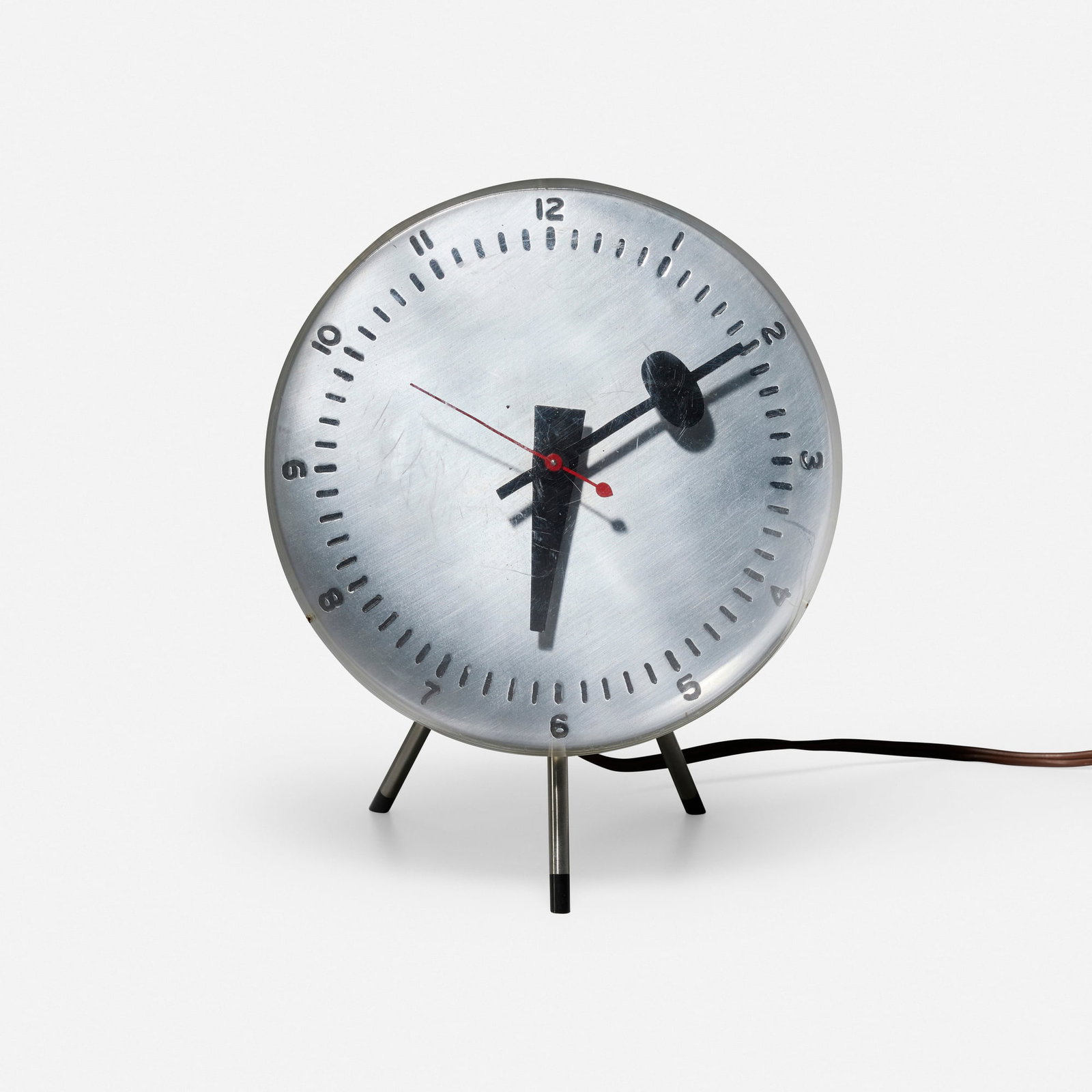 George Nelson & Associates, Table clock, model 4764A: George Nelson & Associates Table clock, model 4764A Howard Miller Clock Company USA, 1949 acrylic, nickel-plated steel, stainless steel, enameled aluminum, rubber 8.75 h x 7 w x 6.5 d in (22 x 18