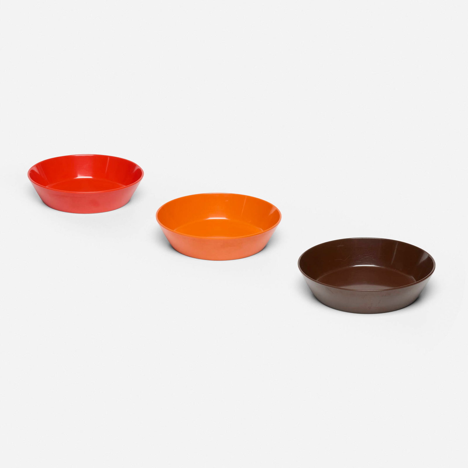 Rosti and Mepal, Bowls, set of three: Rosti and Mepal Bowls, set of three Denmark, c. 1970 melamine 1.5 h x 6.5 dia in (4 x 17 cm) Molded manufacturer's mark to underside of each example 'Mepal Dinnerware 20 82 Rosti Denm