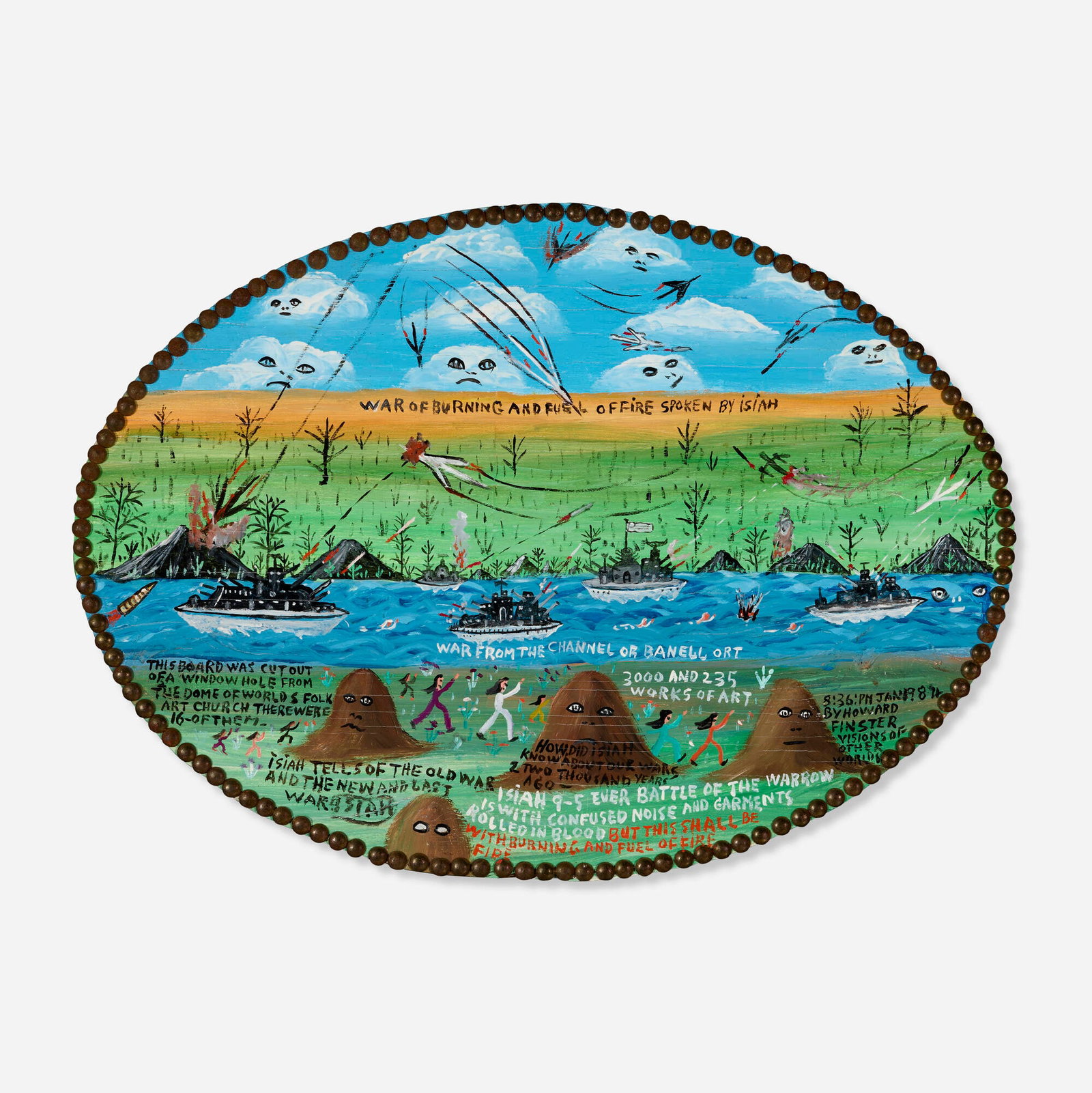 Howard Finster, War of Burning: Howard Finster War of Burning 1984 polychrome paint on panel with applied upholstery buttons 14.5 h x 20 w in (37 x 51 cm) Signed, dated, and inscribed to verso 'By Howard Finster visions of the