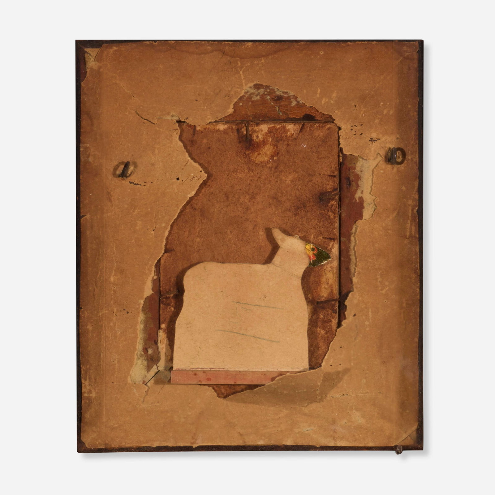 Varujan Boghosian, Giotto's Lamb: Varujan Boghosian Giotto's Lamb 1990 paper, cardboard, nails, screw eye, wood and Masonite construction in artist's frame 10 h x 8.625 w x 2.875 d in (25 x 22 x 7 cm) Signed, titled and dated t