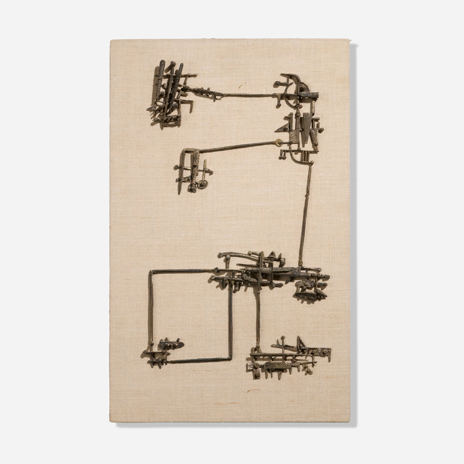 Arnaldo Pomodoro, Energia meccanica: Arnaldo Pomodoro Energia meccanica 1955 silver on canvas laid to panel 15.625 h x 9.75 w x 1.375 d in (40 x 25 x 3 cm) Sold with accompanying exhibition label. Provenance: XXVIII Esposizione Biennale