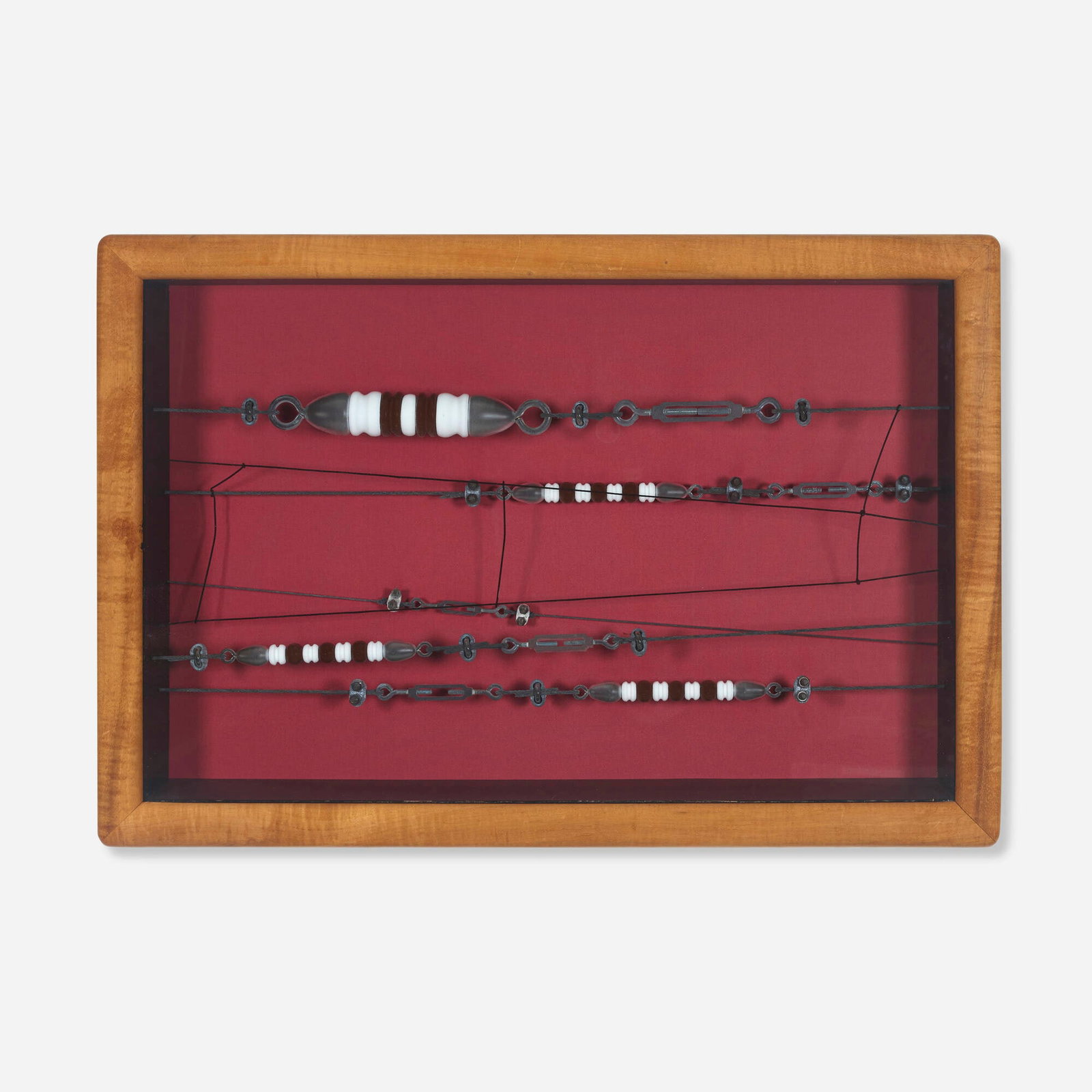 Allan D'Arcangelo, The Bead Game: Allan D'Arcangelo The Bead Game 1978 lithograph in colors, wire, aircraft cable, turnbuckles, wire rope clips, wire connectors, and hand-painted wood insulators enclosed in a mahogany and glass box