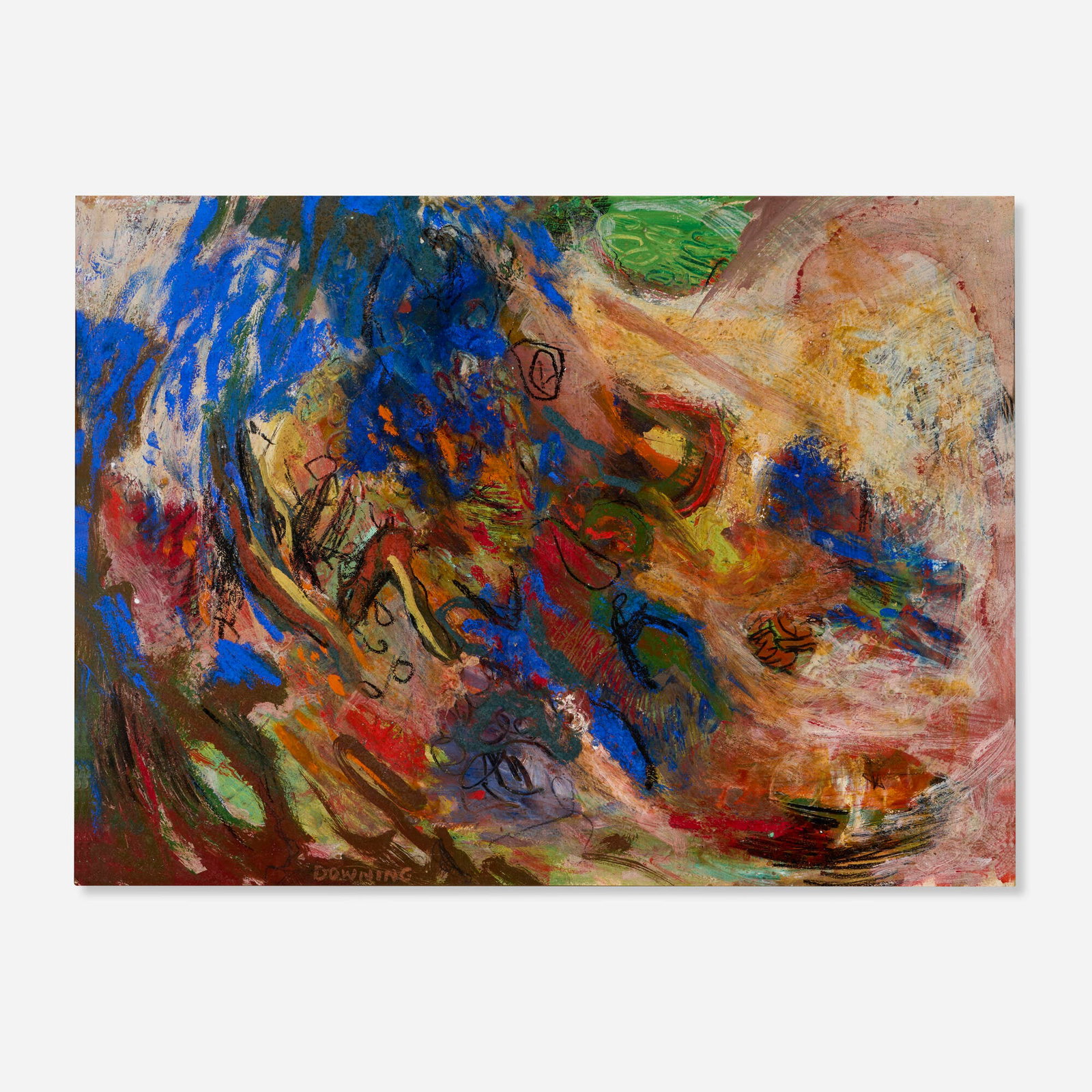 Joe Downing, Untitled: Joe Downing Untitled 1961 oil on illustration board 17 h x 23 w in (43 x 58 cm) Signed, titled, dated and inscribed to verso 'Untitled Joe Downing Paris 1961'. Provenan