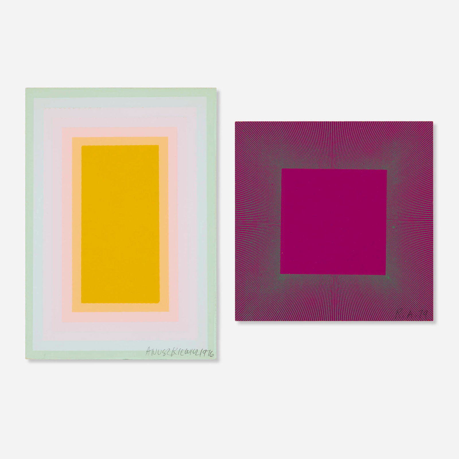 Richard Anuszkiewicz, Untitled (Annual Edition) (two works): Richard Anuszkiewicz Untitled (Annual Edition) (two works) 1976, 1979 screenprint in colors on Masonite 7.125 h x 5 w in (18 x 13 cm) 5.25 h x 5.25 w in (13 x 13 cm) Signed and dated to lowe