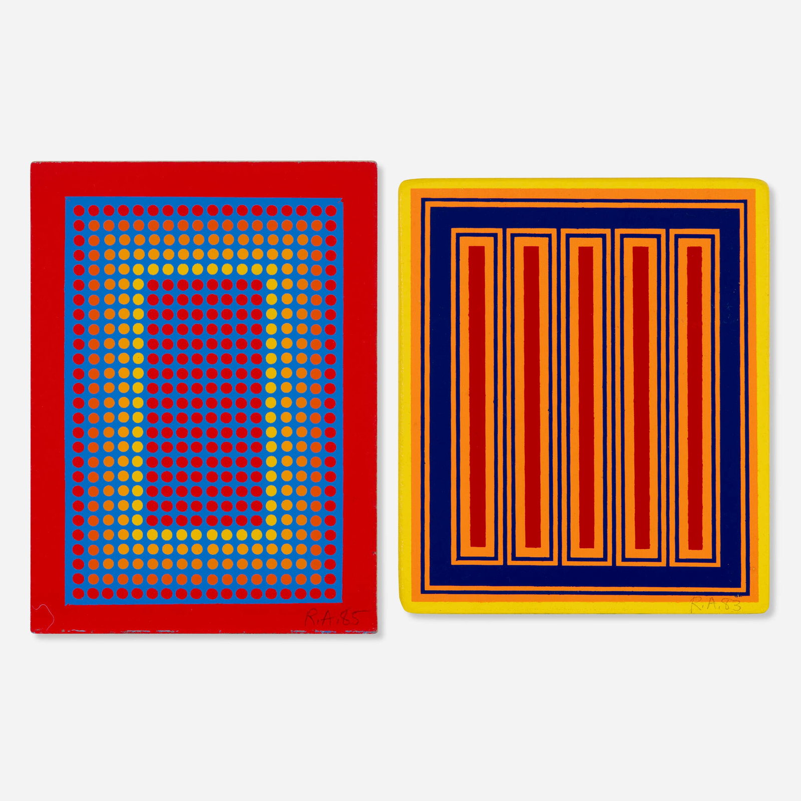 Richard Anuszkiewicz, Untitled (Annual Edition) (two works): Richard Anuszkiewicz Untitled (Annual Edition) (two works) 1983, 1985 screenprint in colors on Masonite 7.125 h x 5.25 w in (18 x 13 cm) 6.625 h x 5.625 w in (17 x 14 cm) Signed and dated to