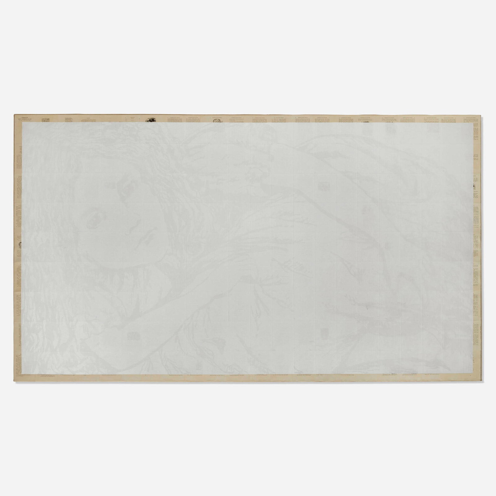 Tim Rollins and K.O.S., White Alice: Tim Rollins and K.O.S. White Alice 1984-87 matte acrylic on bookpages (Carroll's "Through the Looking Glass") laid to linen 72 h x 126 w in (183 x 320 cm) Signed, titled, dated and inscribed to