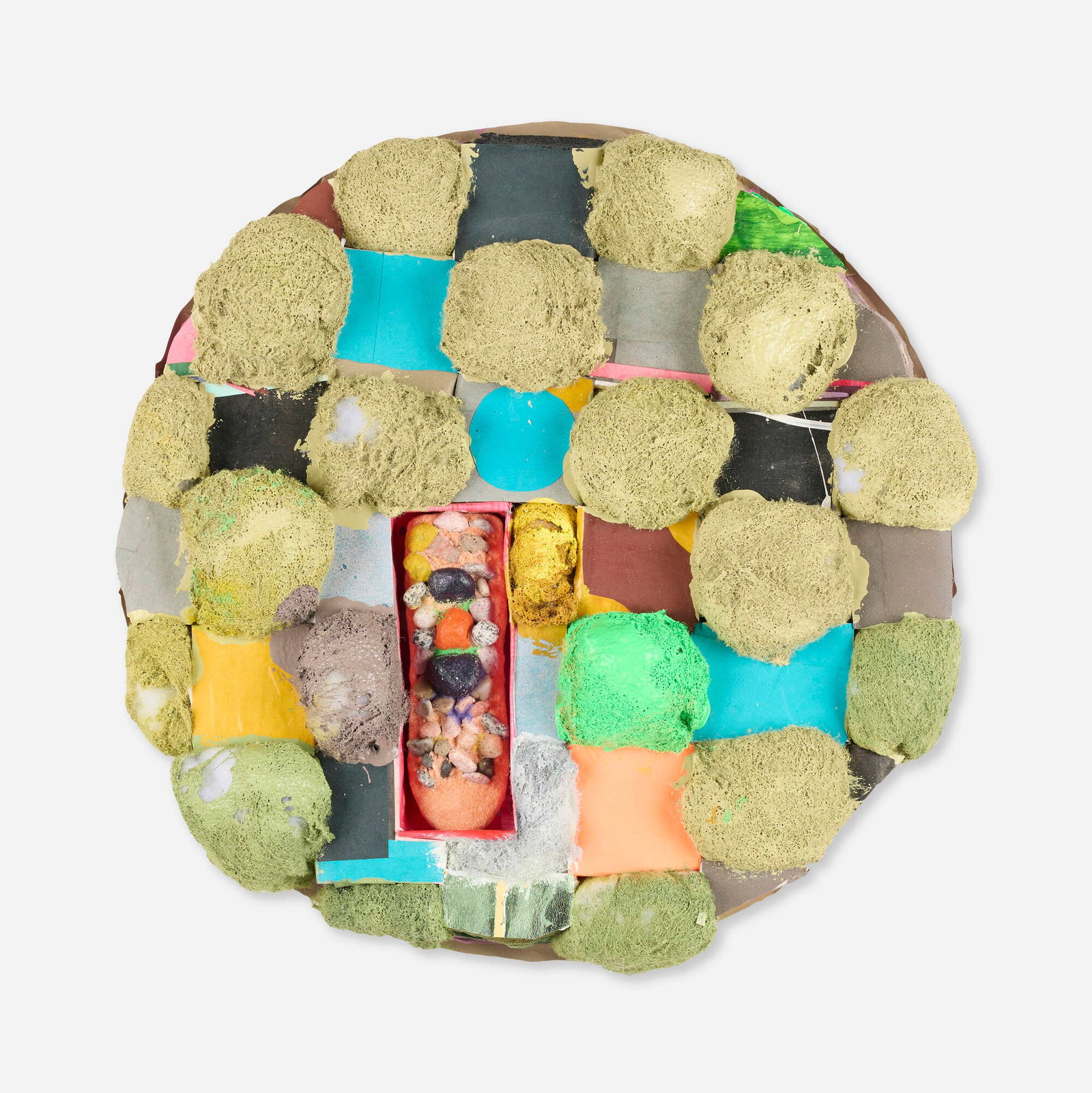 Brian Belott, Tondo Puff (Green): Brian Belott Tondo Puff (Green) 2016 cotton batting, colorfast paper, acrylic, matte medium, remote control with matte medium, colored sand and stones 4.25 d x 21 dia in (11 x 53 cm) Signed and