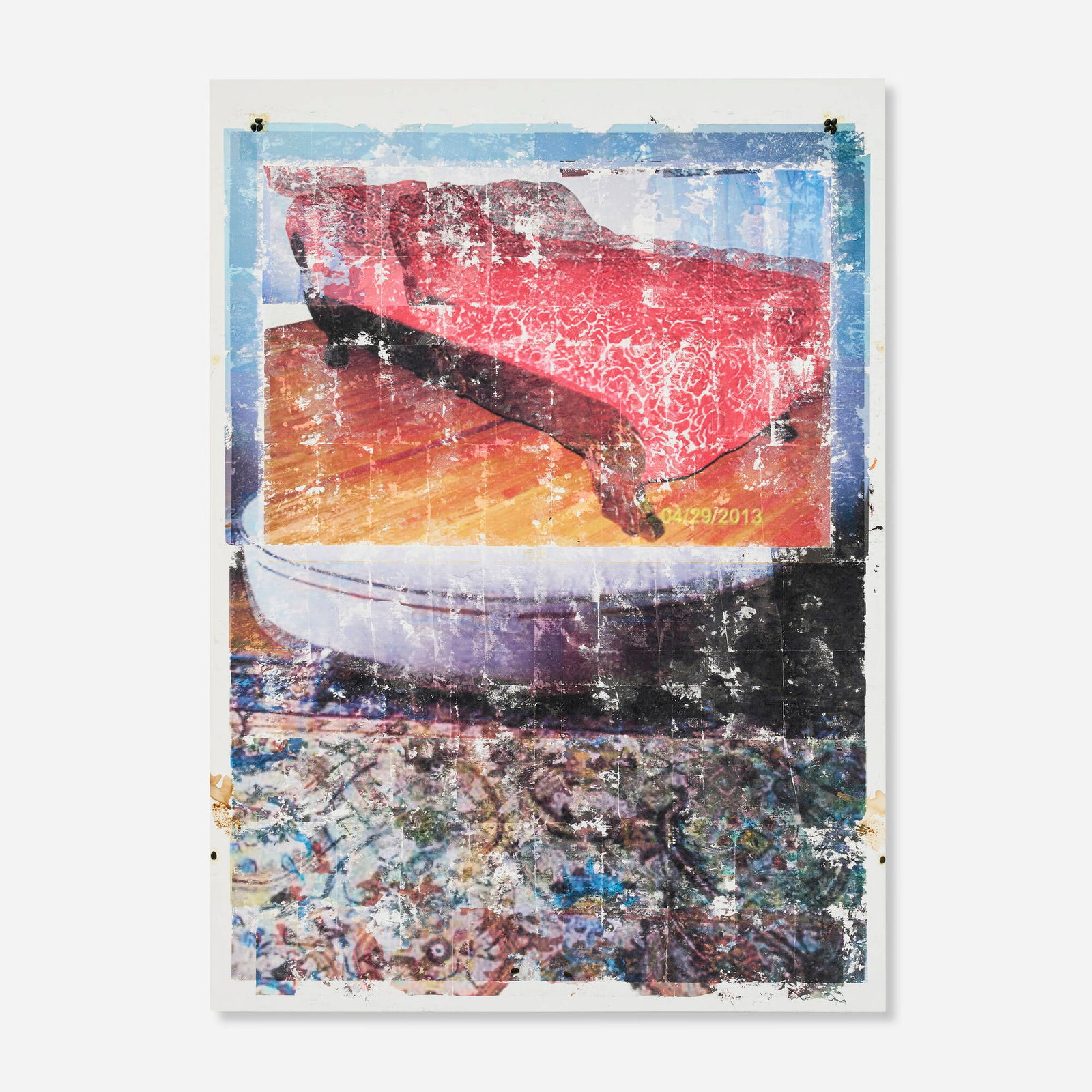Borden Capalino, I Am Miss Brown: Borden Capalino I Am Miss Brown 2013 thermal transfer, coffee, salsa, pistachio shells and rubber on canvas 84 h x 61 w in (213 x 155 cm) Signed and titled to verso 'I Am Miss Brown Borden