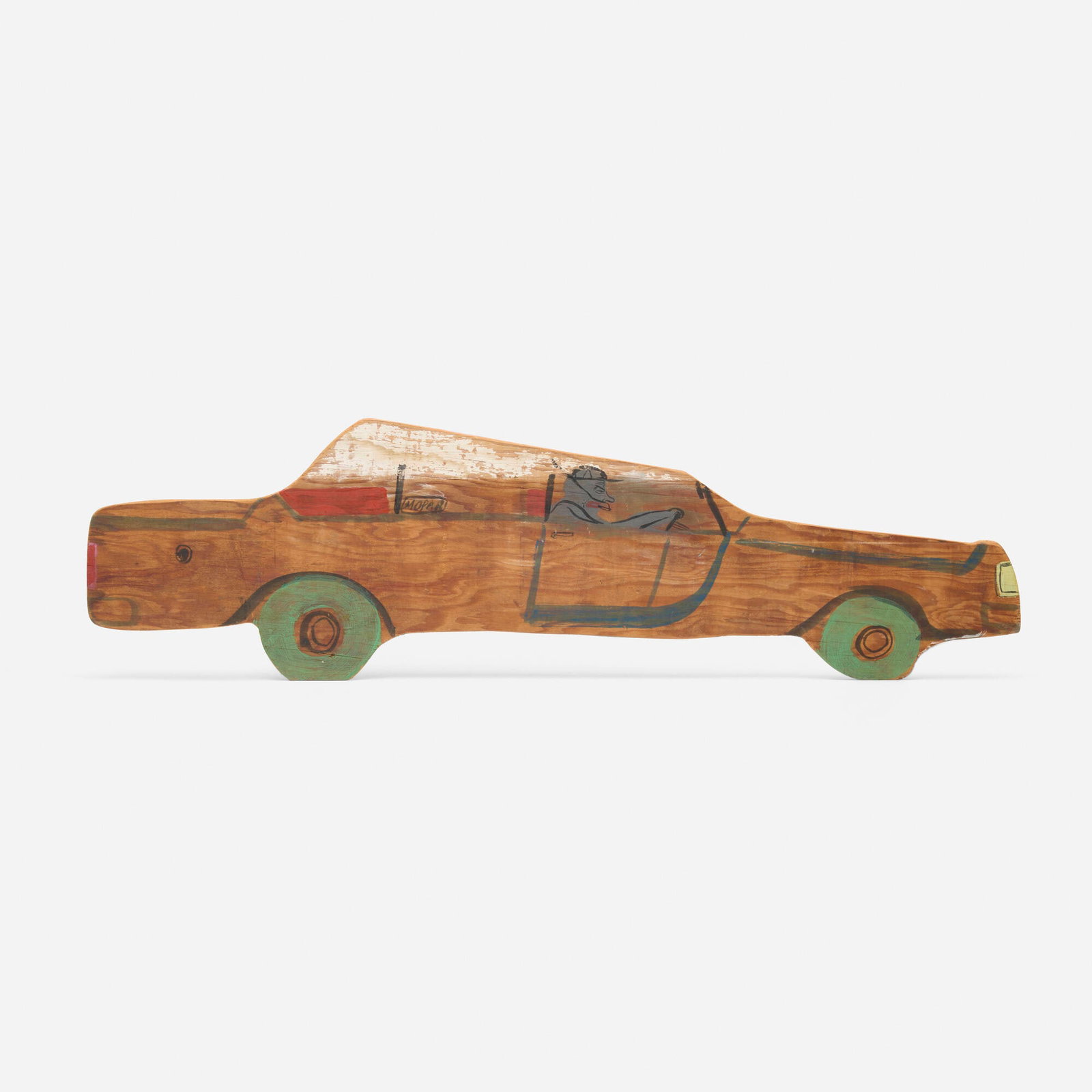 Chris Johanson, Untitled (Car): Chris Johanson Untitled (Car) c. 2001 painted plywood, glue and nails 7.5 h x 26 w x 1.5 d in (19 x 66 x 4 cm) This work will ship from Lambertville, New Jersey.
