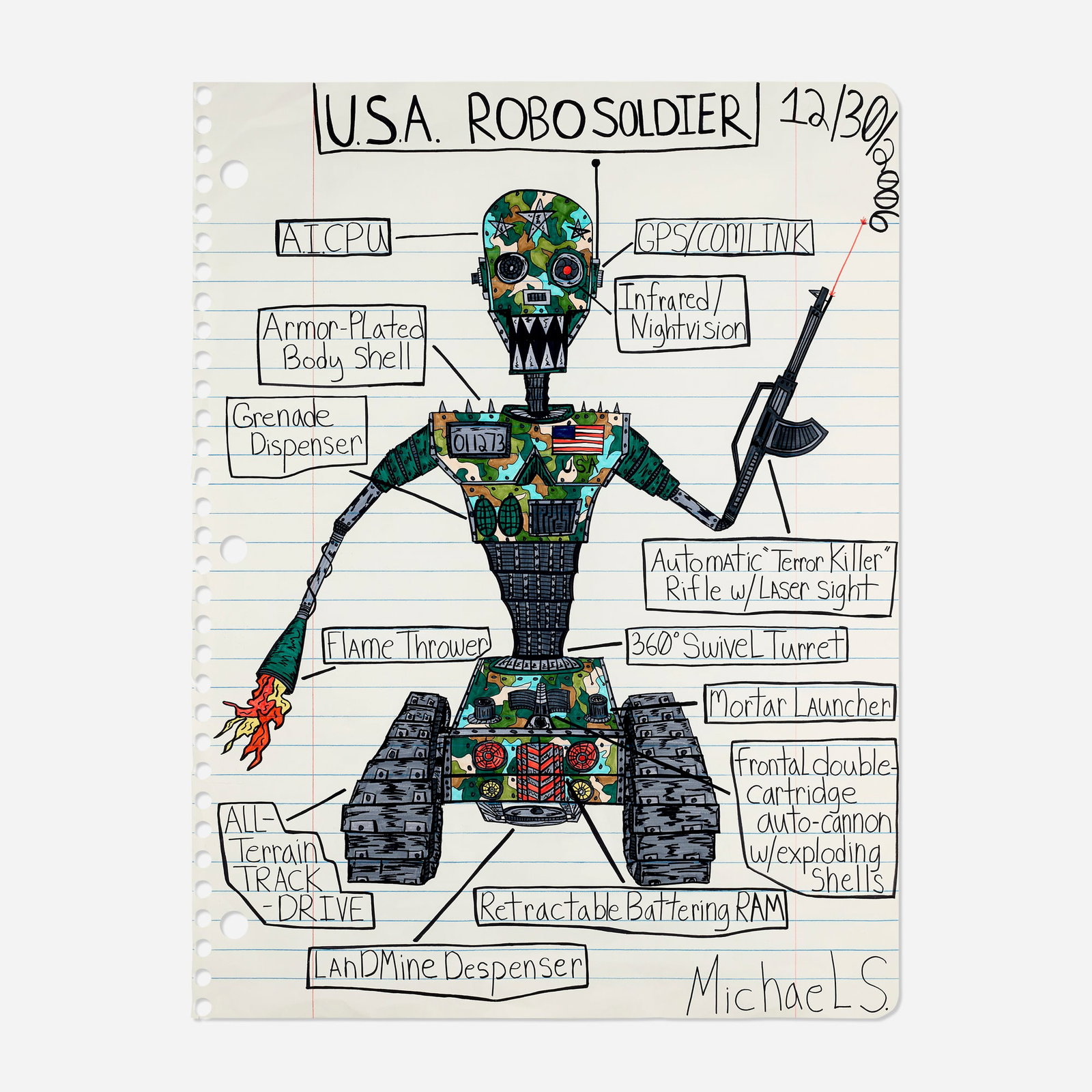 Michael Scoggins, U.S.A. Robo Soldier: Michael Scoggins U.S.A. Robo Soldier 2006 graphite and Prismacolor marker on Somerset paper 67 h x 51 w in (170 x 130 cm) Signed, titled, and dated to upper and lower edge 'U.S.A. ROBO SOLDIER
