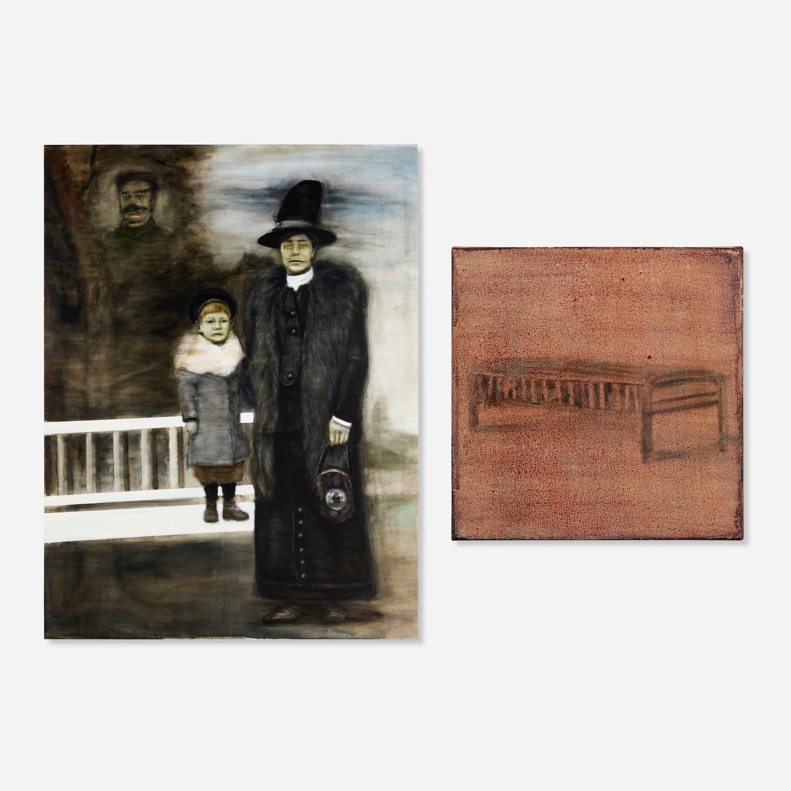 Helmut Stallaerts, Eschaton (diptych): Helmut Stallaerts Eschaton (diptych) 2005 oil on canvas, animal blood mixed with oil medium on canvas large: 72.625 h x 55 w in (184 x 140 cm) small: 11.75 h x 11.75 w in (30 x 30 cm) Signed, titled,