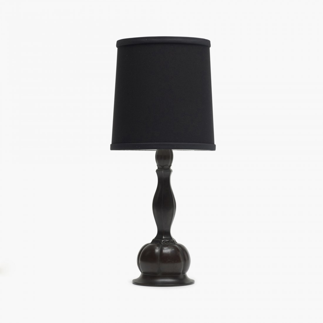 Just Andersen table lamp: Just Andersen table lamp Guldsmeds Aktiebolaget Denmark, c. 1945 Disko metal, paper shade 8.25 dia x 20 h inches Signed with cast manufacturer's mark to underside: [Just D63 disko metal].