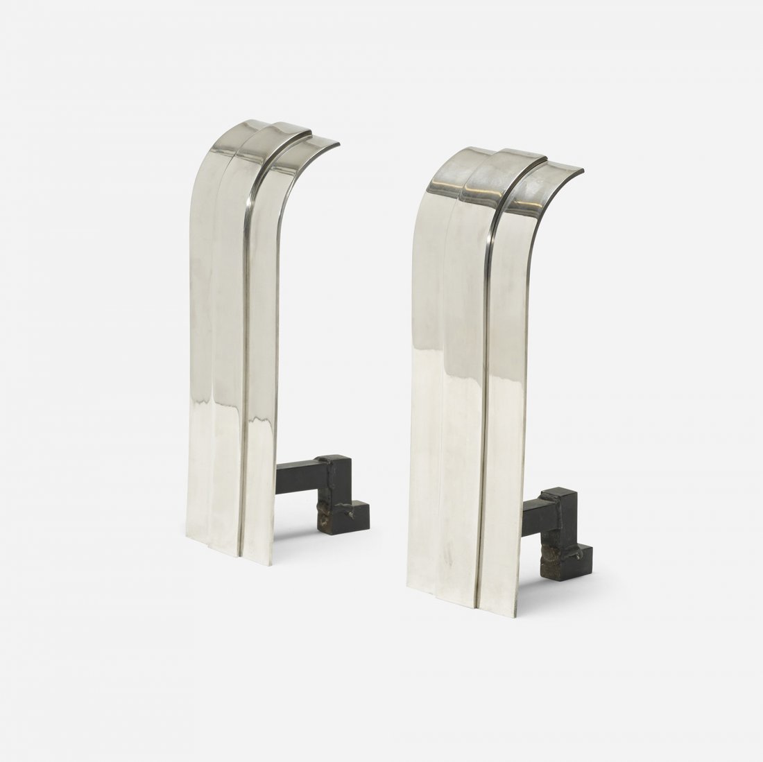 Art Deco andirons: Art Deco andirons USA, c. 1930 chrome-plated aluminum, enameled steel 5.5 w x 6.5 d x 16 h inches