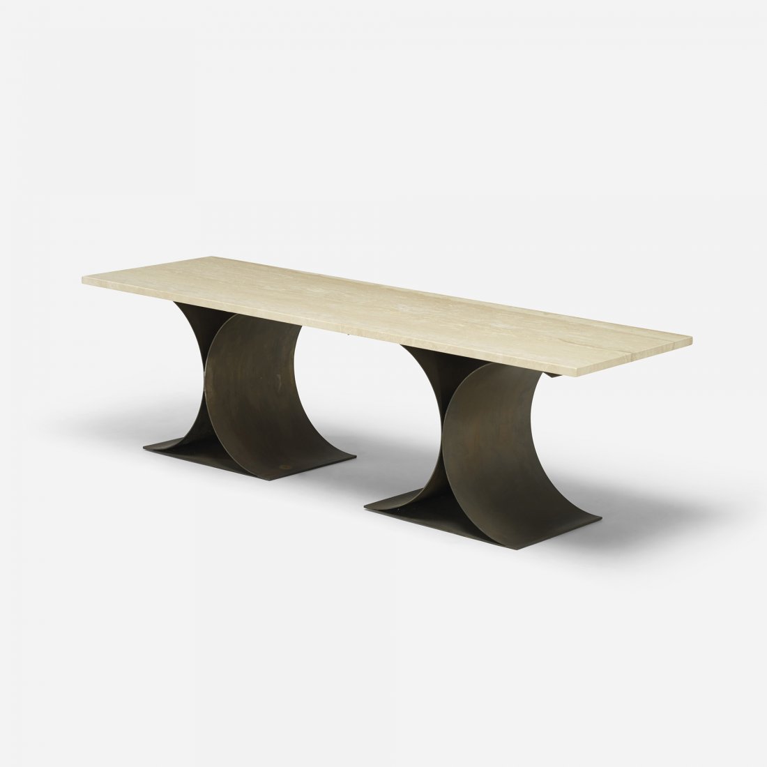 Ward Bennett, attribution coffee table: Ward Bennett, attribution coffee table USA, c. 1970 travertine, brass-plated steel 60 w x 19 d x 17.75 h inches