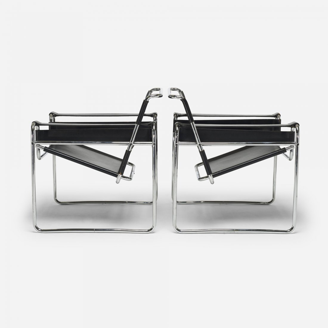 Marcel Breuer Wassily lounge chairs, pair: Marcel Breuer Wassily lounge chairs, pair Gavina Hungary/England, 1925/c. 1955 chrome-plated steel, vinyl 31 w x 27 d x 28.75 h inches Signed with decal manufacturer's label to frame of one example: [