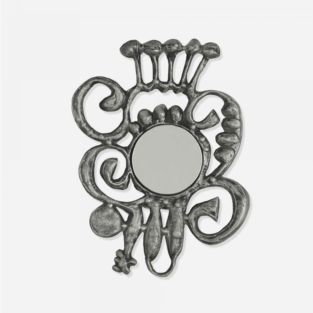 Donald Drumm wall mirror: Donald Drumm wall mirror USA, c. 1990 cast aluminum, mirror 9.5 w x 1 d x 12.5 h inches Cast signature to reverse: [Drumm].