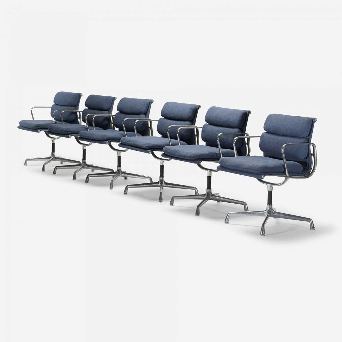 Charles and Ray Eames Soft Pad chairs, set of six: Charles and Ray Eames Soft Pad chairs, set of six Herman Miller USA, 1979 cast aluminum, upholstery, enameled steel, plastic 23 w x 23.25 d x 33.5 h inches Signed with cast manufacturer's mark to unde