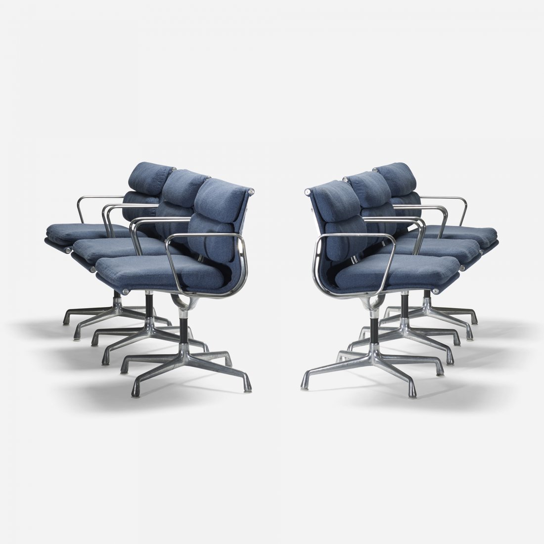 Charles and Ray Eames Soft Pad chairs, set of six: Charles and Ray Eames Soft Pad chairs, set of six Herman Miller USA, 1979 cast aluminum, upholstery, enameled steel, plastic 23 w x 23.25 d x 33.5 h inches Signed with cast manufacturer's mark to unde