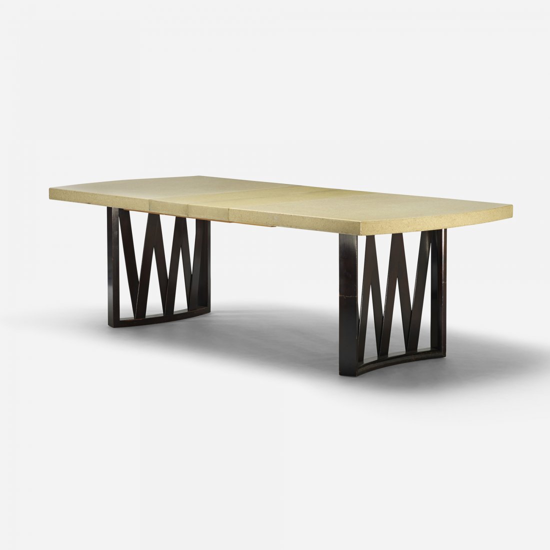 Paul Frankl dining table: Paul Frankl dining table Johnson Furniture Company USA, c. 1948 cork, lacquered mahogany 71.5 w x 42 d x 29 h inches Sold with two 11-inch leaves; table measures ninety-four inches when fully extended