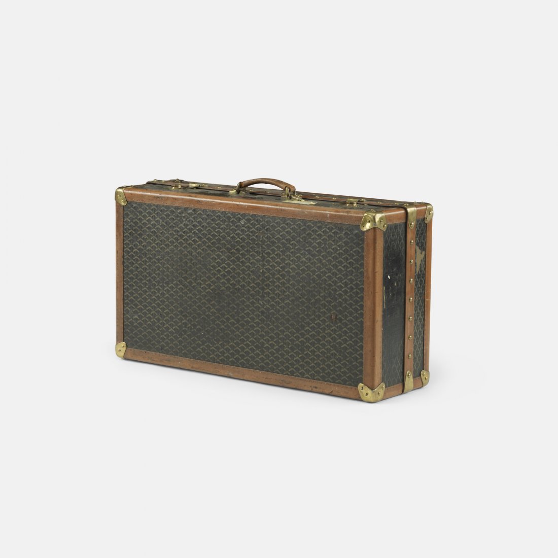 Goyard valet trunk: Goyard valet trunk France, c. 1935 vinylized canvas, leather, brass 35 w x 10.5 d x 21 h inches Trunk features five hangers, two drop-front storage compartments and one removable drawer. Signed with a