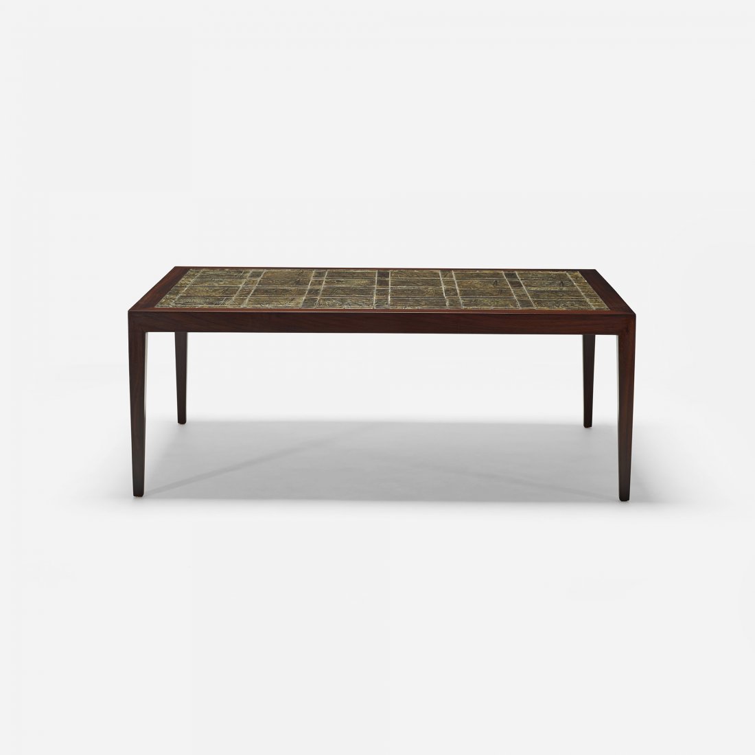 Severin Hansen coffee table: Severin Hansen coffee table Haslev Møbelsnedkeri A/S Denmark, c. 1960 rosewood, glazed ceramic 52.25 w x 37 d x 20 h inches The tile on this table was manufactured by Royal Copenhagen. Signed with ap
