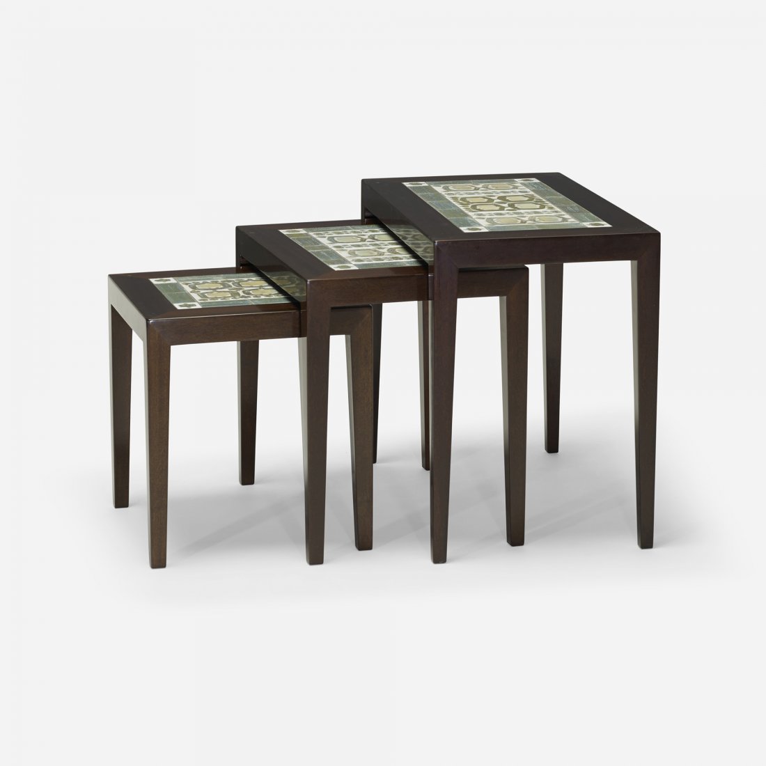 Severin Hansen nesting tables, set of three: Severin Hansen nesting tables, set of three Haslev Møbelsnedkeri A/S Denmark, c. 1960 lacquered mahogany, glazed ceramic 23 w x 14 d x 19.75 h inches The tiles on these tables were manufactured by Ro