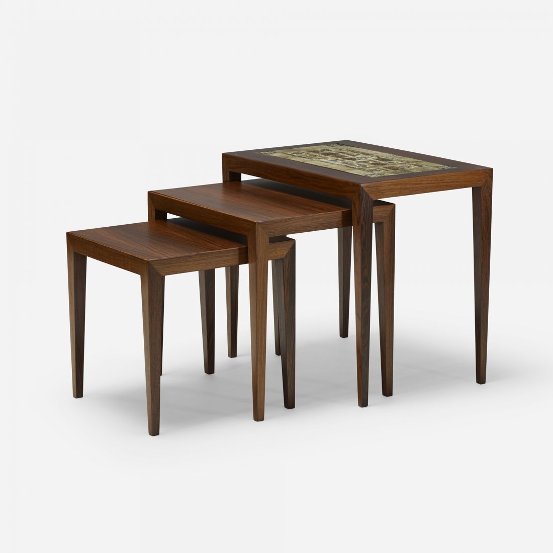 Severin Hansen nesting tables, set of three: Severin Hansen nesting tables, set of three Haslev Møbelsnedkeri A/S Denmark, c. 1960 rosewood, glazed ceramic 22.5 w x 14.5 d x 20.5 h inches Signed with applied manufacturer's label to underside of