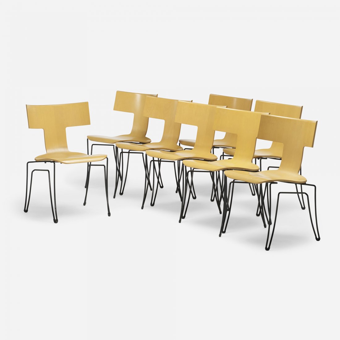 John Hutton Anziano chairs, set of eight: John Hutton Anziano chairs, set of eight Donghia USA, c. 1980 birch plywood, enameled steel 20.25 w x 21 d x 32 h inches Signed with branded manufacturer's mark to underside of each example: [Donghia]