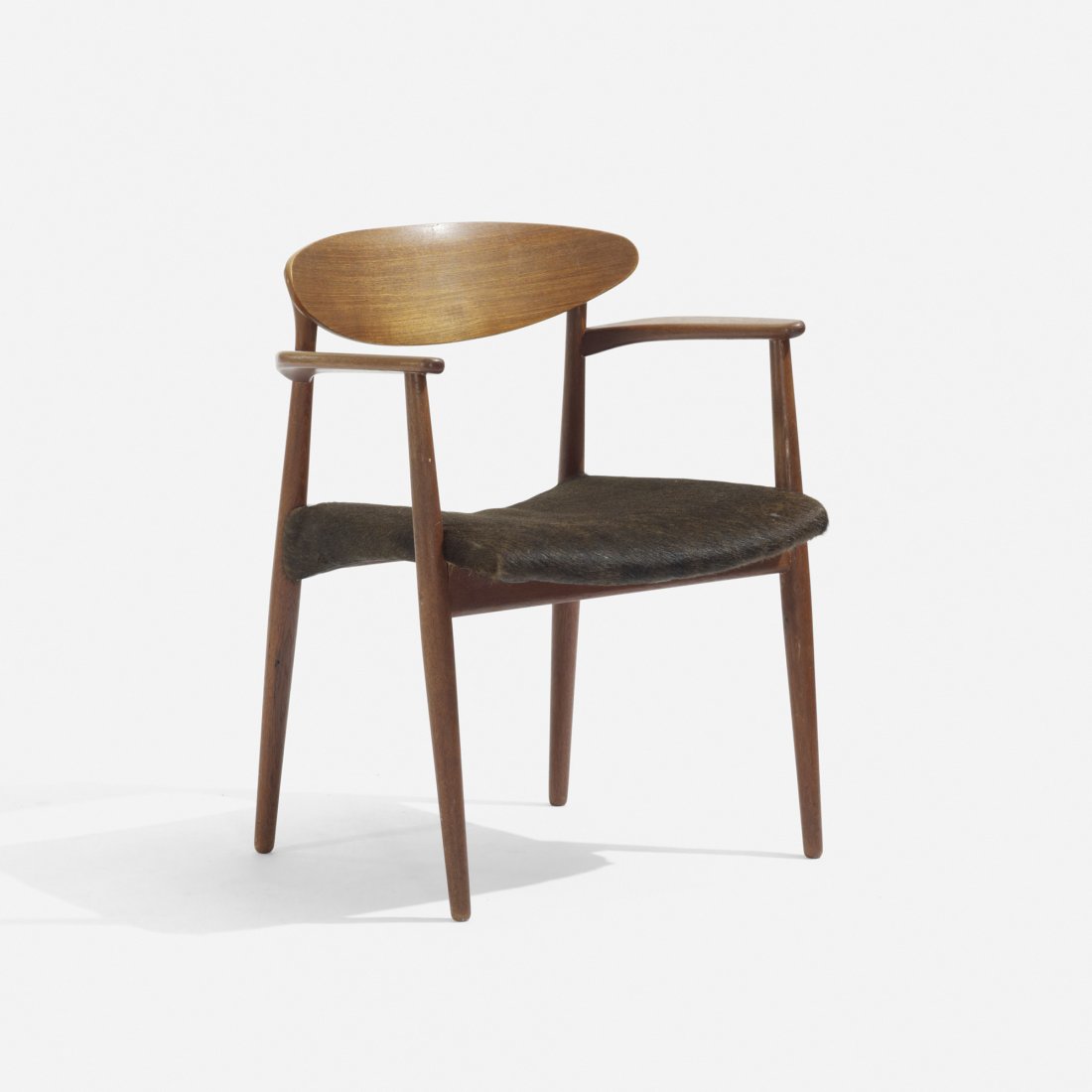 A. Bender Madsen and Ejner Larsen armchair: A. Bender Madsen and Ejner Larsen armchair N?ªstved Møbelfabrik Denmark, 1959 teak, cowhide 24.25 w x 21 d x 30.5 h inches Signed with partial branded manufacturer's mark to underside: [Made in Denm