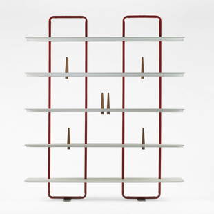Michael Marriott Shelving system: Michael Marriott Shelving system Established & Sons United Kingdom, 2005 enameled steel, aluminum, teak, chrome-plated steel 71 w x 11.75 d x 83 h inches Signed with branded manufacturer's mark to one