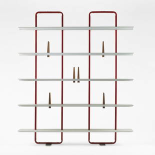 Michael Marriott Shelving system: Michael Marriott Shelving system Established & Sons United Kingdom, 2005 enameled steel, aluminum, teak, chrome-plated steel 71 w x 11.75 d x 83 h inches Signed with branded manufacturer's mark to one