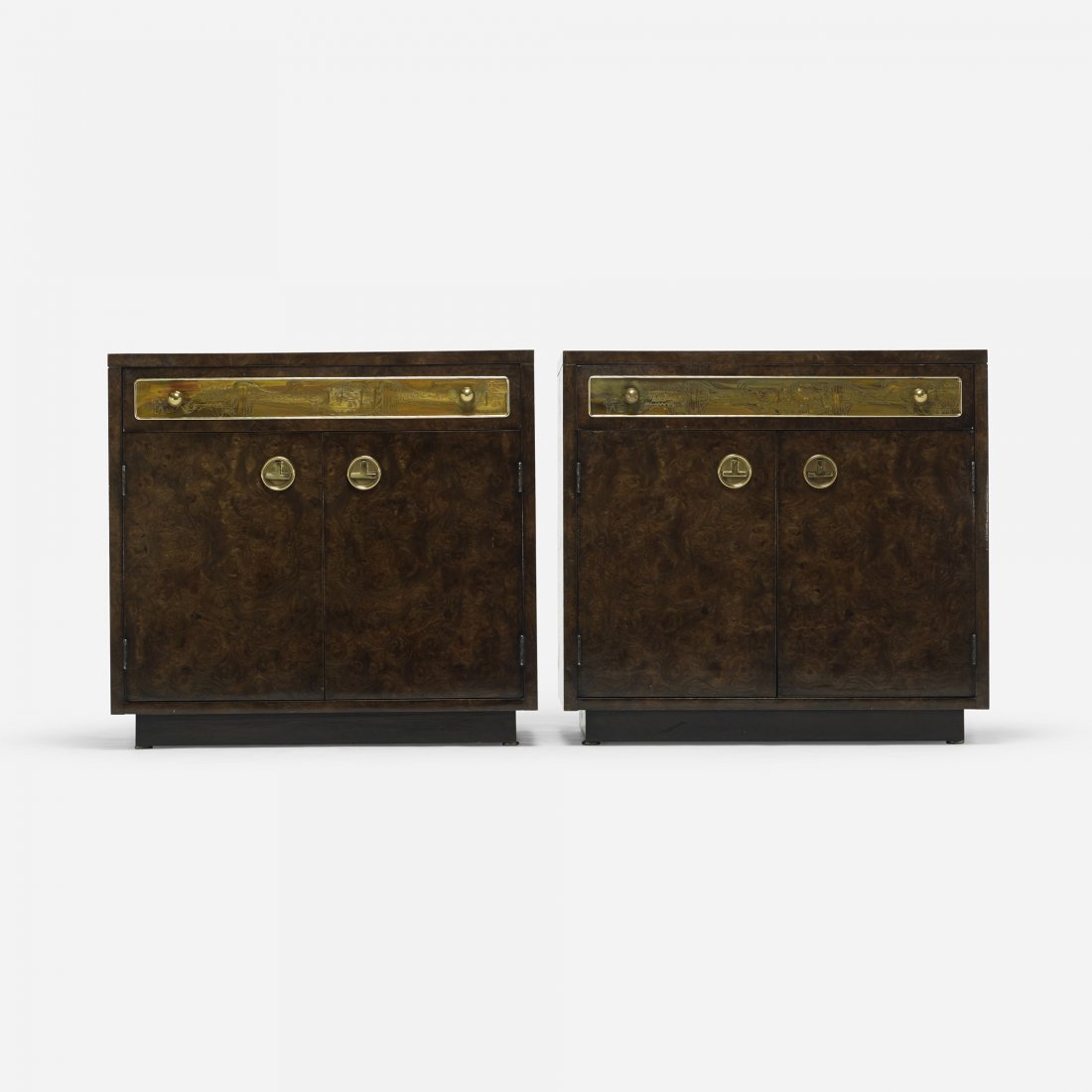Mastercraft nightstands, pair: Mastercraft nightstands, pair USA, c. 1975 elm burl, acid-etched brass, brass 26 w x 19 d x 24 h inches Signed with applied brass manufacturer's label to drawer of each example: [Mastercraft of Grand