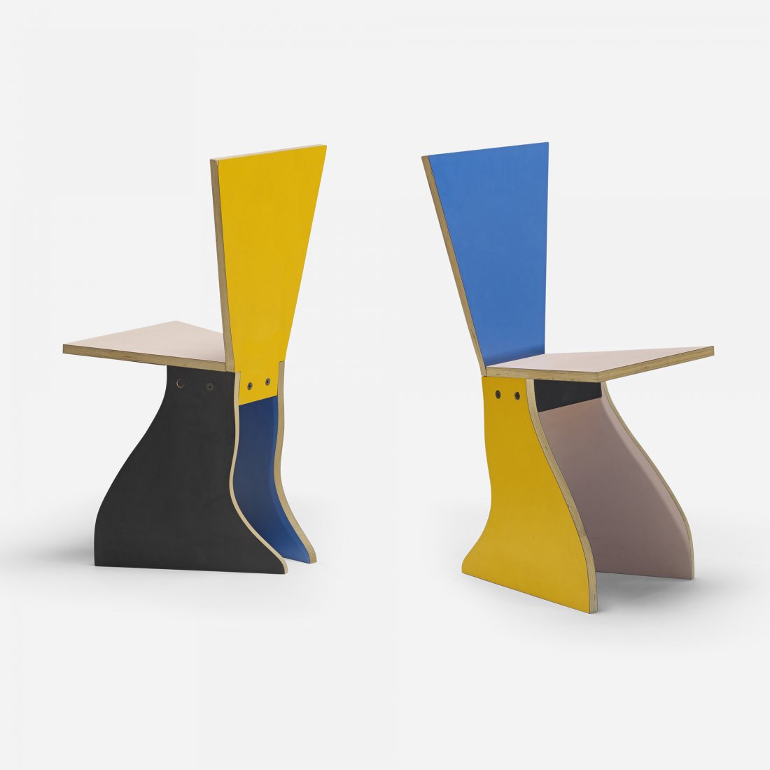 Alessandro Mendini dining chairs, pair: Alessandro Mendini dining chairs, pair Studio Alchimia Italy, 1983 laminated wood 14 w x 17 d x 32 h inches Literature: Alchimia: Never-Ending Italian Design, Sato, ppg. 88-89, 141, 188