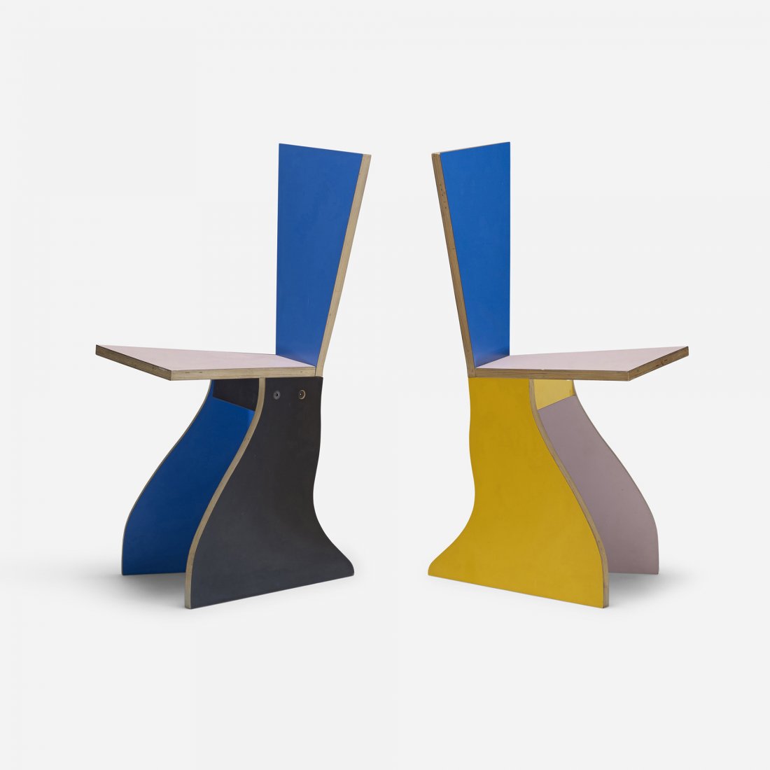 Alessandro Mendini dining chairs, pair: Alessandro Mendini dining chairs, pair Studio Alchimia Italy, 1983 laminated wood 14 w x 17 d x 32 h inches Literature: Alchimia: Never-Ending Italian Design, Sato, ppg. 88-89, 141, 188