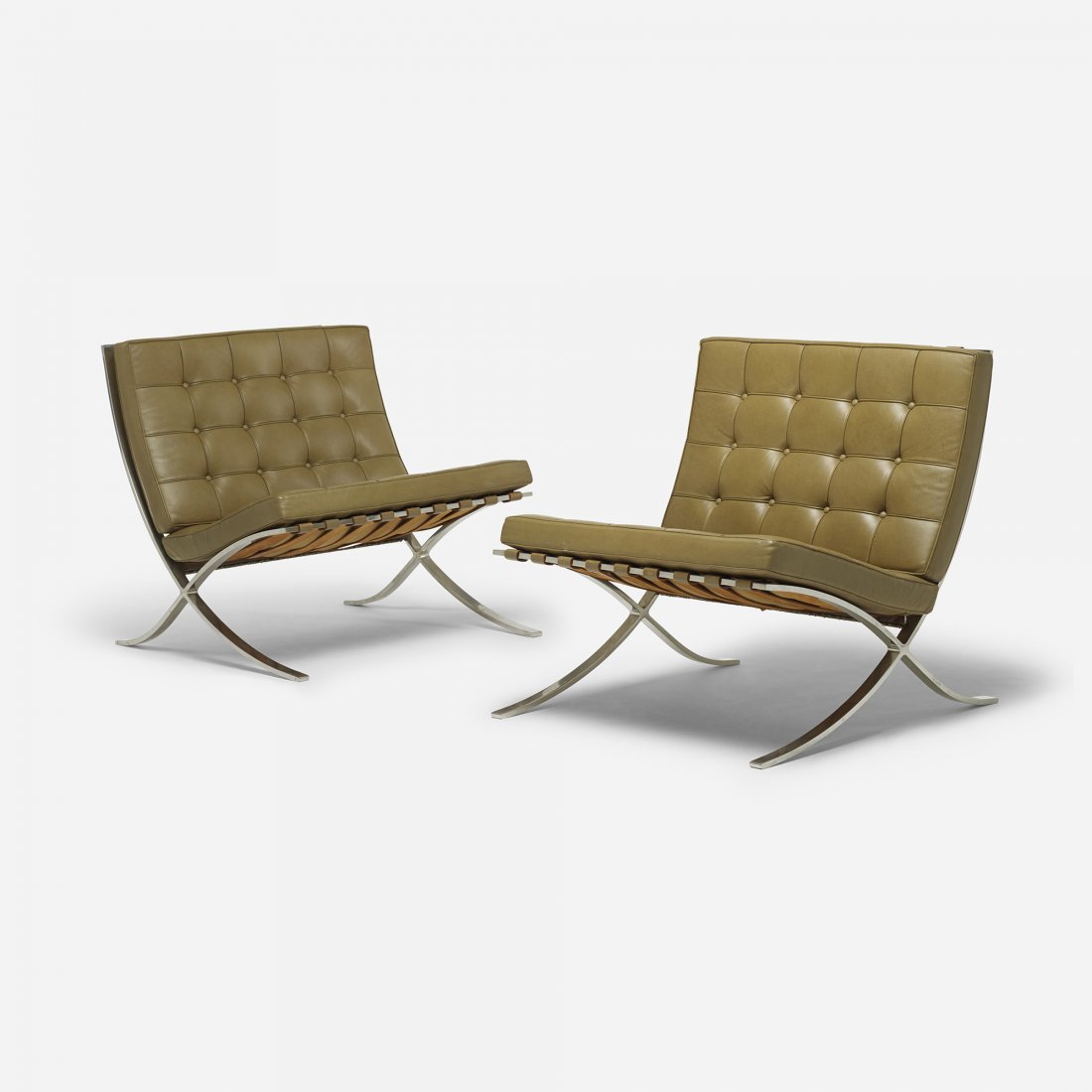 Ludwig Mies van der Rohe Barcelona chairs, pair: Ludwig Mies van der Rohe Barcelona chairs, pair Knoll Associates Germany, 1929/c. 1955 leather, stainless steel 30 w x 30 d x 29.5 h inches Signed with decal manufacturer's label to underside of each 