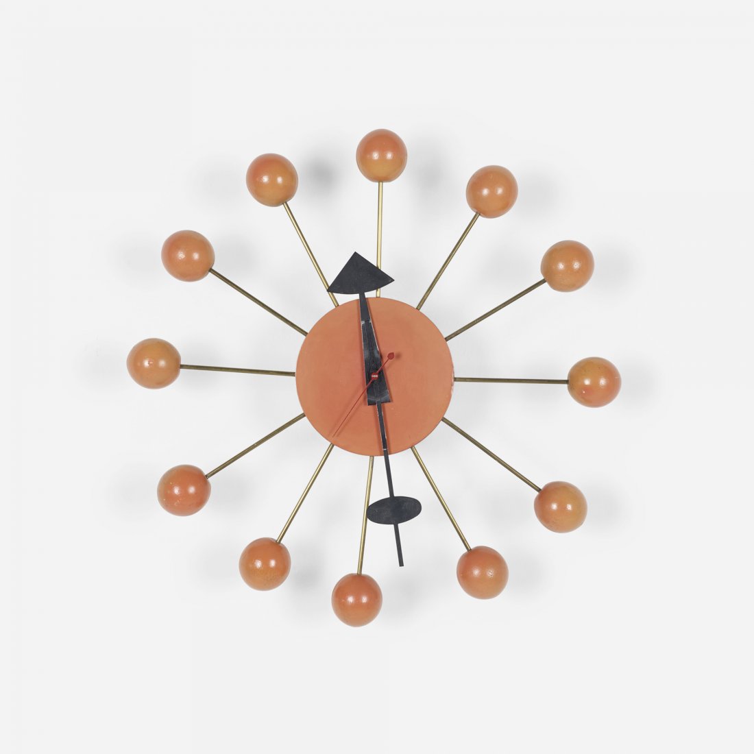 George Nelson & Associates Ball wall clock: George Nelson & Associates Ball wall clock, model 4755D Howard Miller Clock Company USA, 1949 enameled brass, lacquered wood, brass, enameled aluminum 13.5 w x 3.75 d x 13.5 h inches Literature: Georg