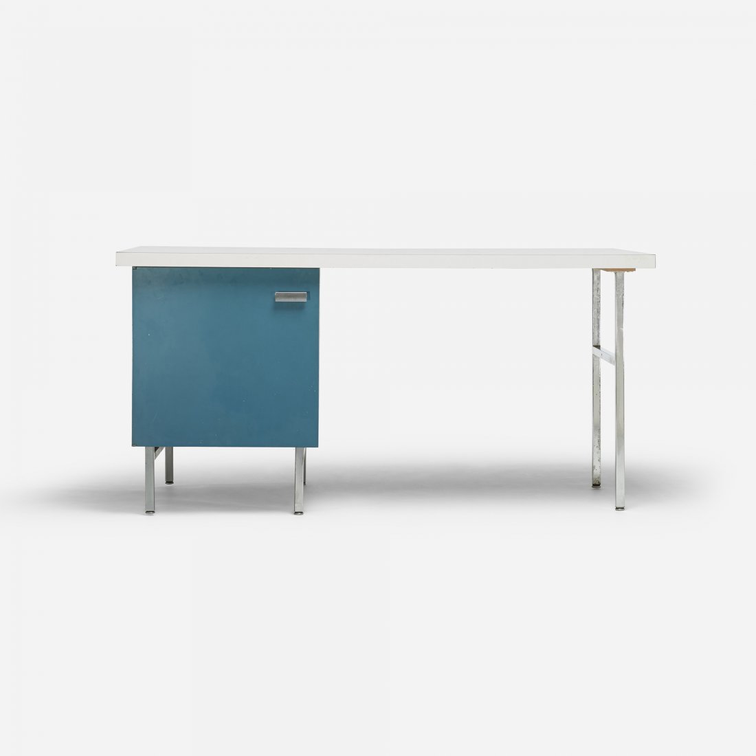 Nelson & Associates Modern Management Group desk: George Nelson & Associates Modern Management Group desk Herman Miller USA, 1957 laminate, enameled steel, chrome-plated steel, aluminum 60 w x 32 d x 29.75 h inches Desk features one door concealing o