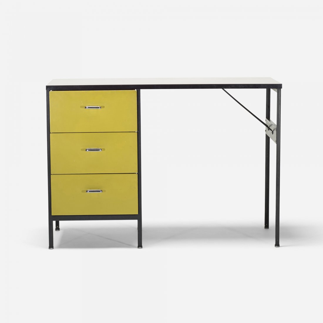 George Nelson & Associates Steelframe desk: George Nelson & Associates Steelframe desk Herman Miller USA, 1954 laminate, enameled steel, lacquered wood, aluminum 42 w x 18 d x 29.75 h inches Signed with metal disc manufacturer's label to drawer