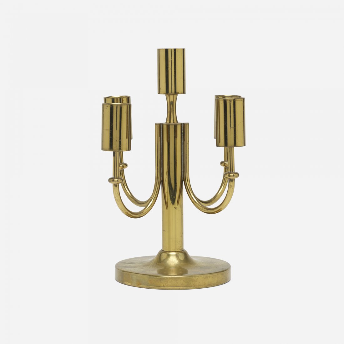 In the manner of Tommi Parzinger candleabrum: In the manner of Tommi Parzinger candleabrum USA, c. 1960 brass 7.5 w x 7.5 d x 9.25 h inches
