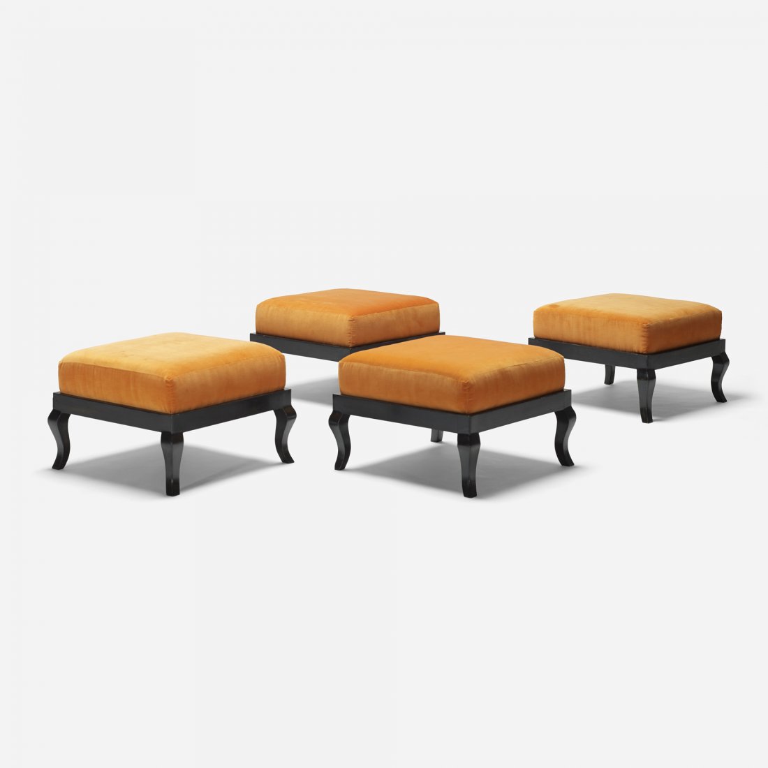 In the manner of Parzinger stools, set of four: In the manner of Tommi Parzinger stools, set of four USA, c. 1955 upholstery, lacquered wood 18.25 w x 18.25 d x 12 h inches