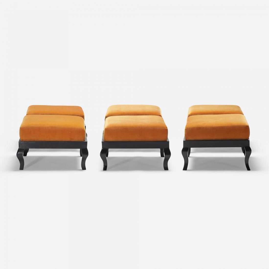 In the manner of Parzinger stools, set of six: In the manner of Tommi Parzinger stools, set of six USA, c. 1965 upholstery, lacquered wood 18.25 w x 18.25 d x 12 h inches