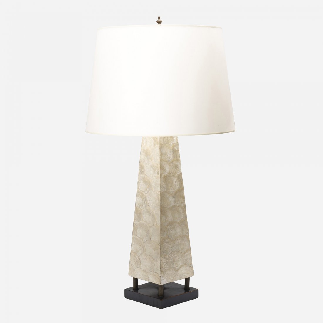 In the manner of Tommi Parzinger table lamp: In the manner of Tommi Parzinger table lamp c. 1950 seashell, lacquered wood, paper, brass 22 dia x 42 h inches