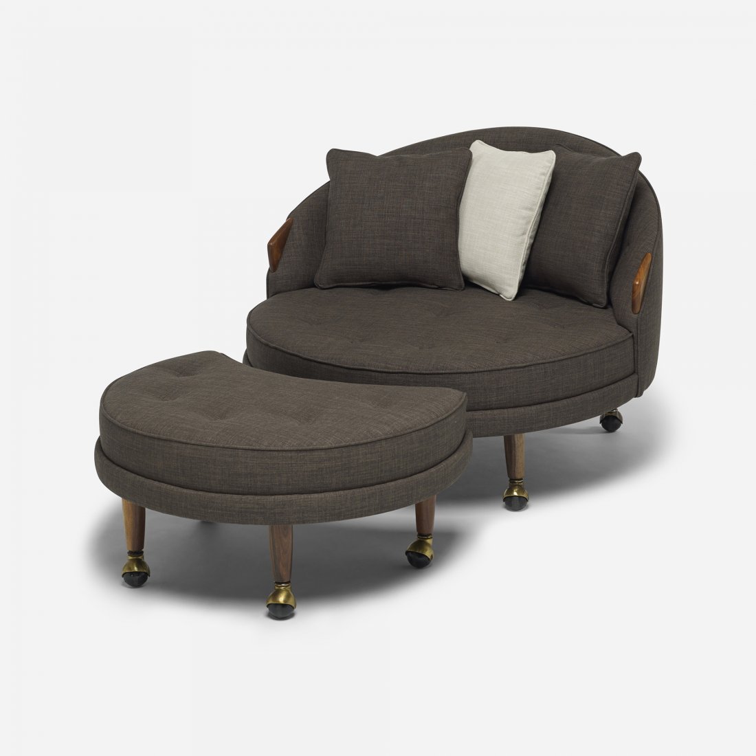 Adrian Pearsall lounge chair and ottoman: Adrian Pearsall lounge chair, model 1717 and ottoman, model 1841 Craft Associates USA, c. 1965 upholstery, walnut, brass, rubber 37 dia x 28 h inches Ottoman measures: 30 w x 23 d x 14.5 h inches.